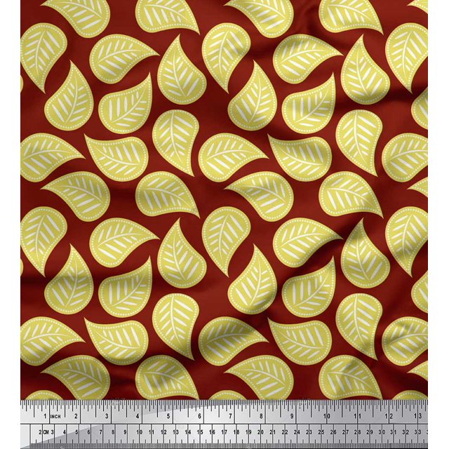 Soimoi Red Heavy Satin Fabric Artistic Leaves Decor Fabric Printed Yard 54 Inch Wide
