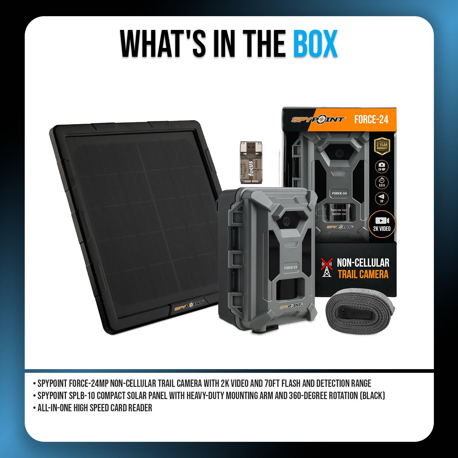 Spypoint Force-24MP Non-Cellular Trail Camera, 70ft Detection Range Bundle with Solar Panel and Card Reader (3 Items)