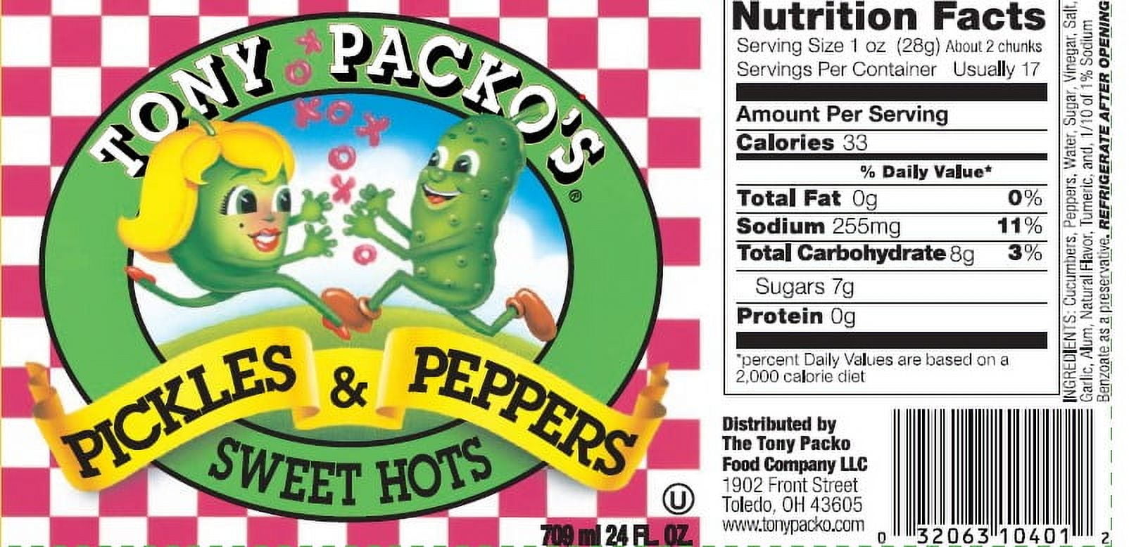 (4 pack) Tony Packo Sweet Hot Pickles and Peppers, 24 Ounce Glass Jar, Kosher Certified, Serving Size 2 Chunks