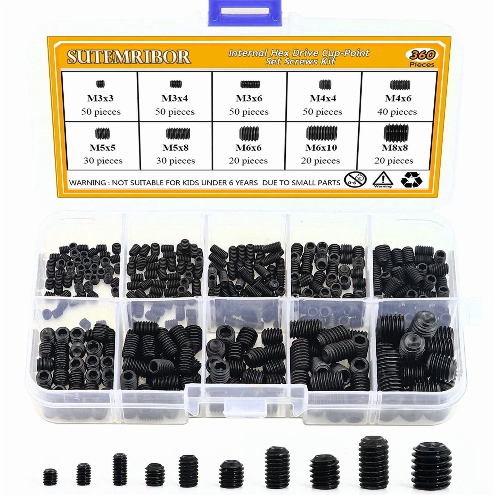 CIRCLE- Sutemribor M3/4/5/6/8 Internal Hex Drive Cup-Point Set Screws Assortment Kit 10