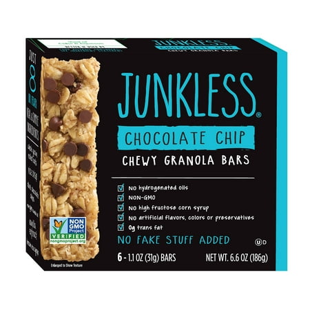 Junkless Chewy Granola Bars, Chocolate Chip, 1.1 oz., 6 Bars (8 Count), Non-GMO, low sugar, great tasting 1.1 Ounce (Pack of