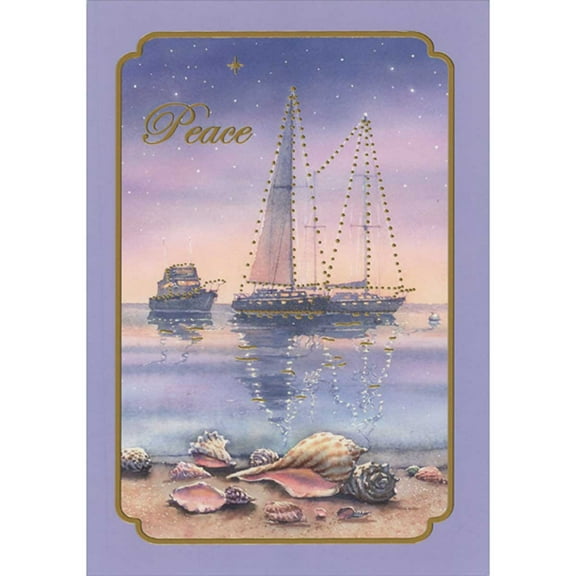 Red Farm Studios Peace: Sailboat and Yacht Under Starry Sky Near Shells on Beach in Purple Border Pack of 15 Nautical Holiday Cards, Christmas Cards