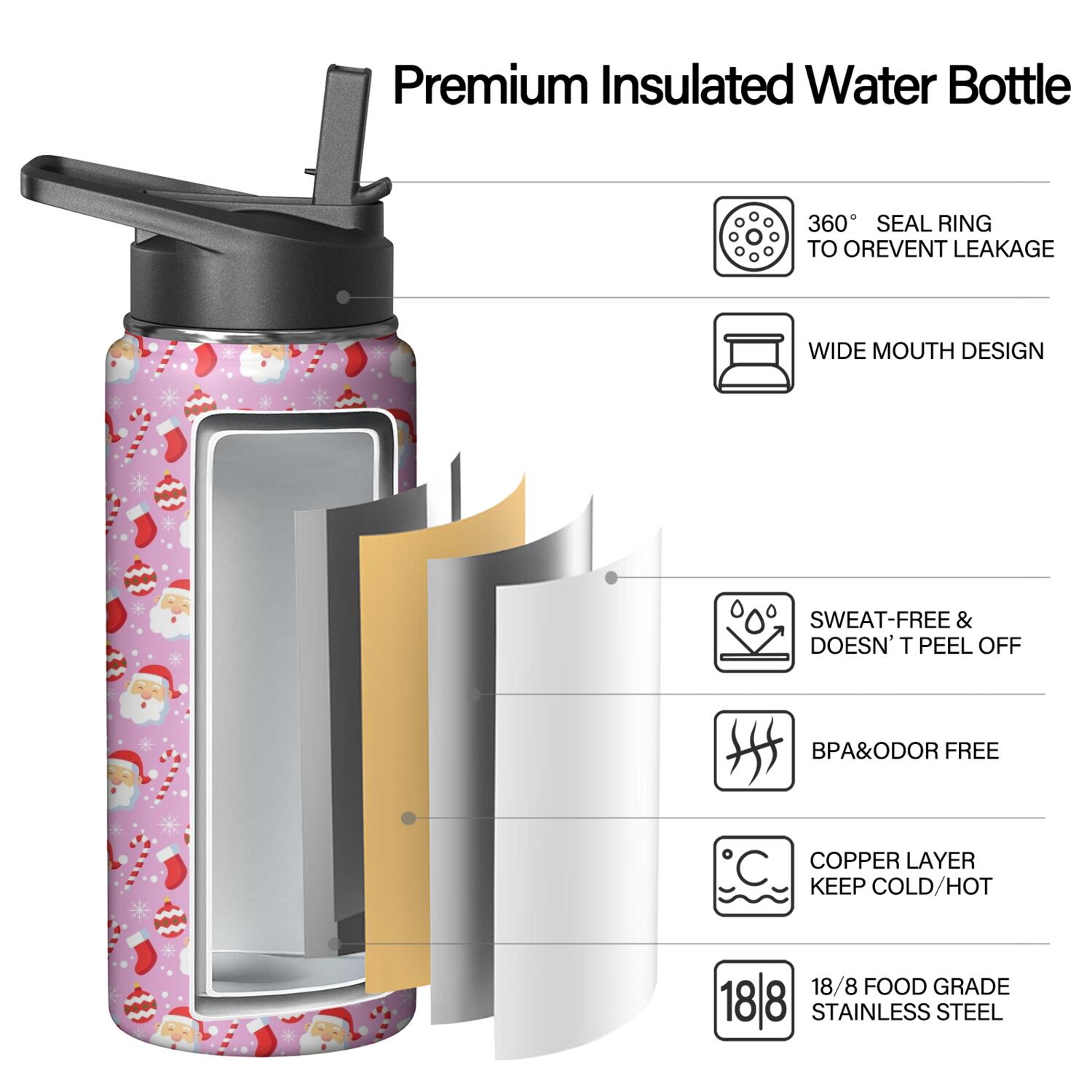 Christmas 18 oz Insulated Stainless Steel Water Bottle with Straw & Cleaning Brush , Leakproof, BPA-Free, 304 Stainless Steel, Wide Mouth, Travel Mug for Car, Gym, Office