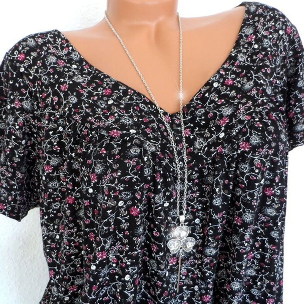 Zpanxa Womens Summer Tops Clearance, Plus Size Short Sleeves V-Neck Print Blouse Pullover Tops Shirt Trendy Workout Tee Shirts Black 2XL