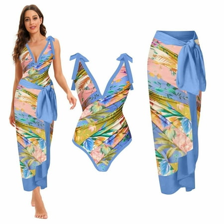 Gaecuw Womens One Piece Swimsuits with Cover up Bikini Wrap Skirt Sleeveless Swimwear Top Tie Closure Swimsuits Floral Print Bathing Suits Halter Neck Swimwear Lace Resort Wear Two Piece Set for Women