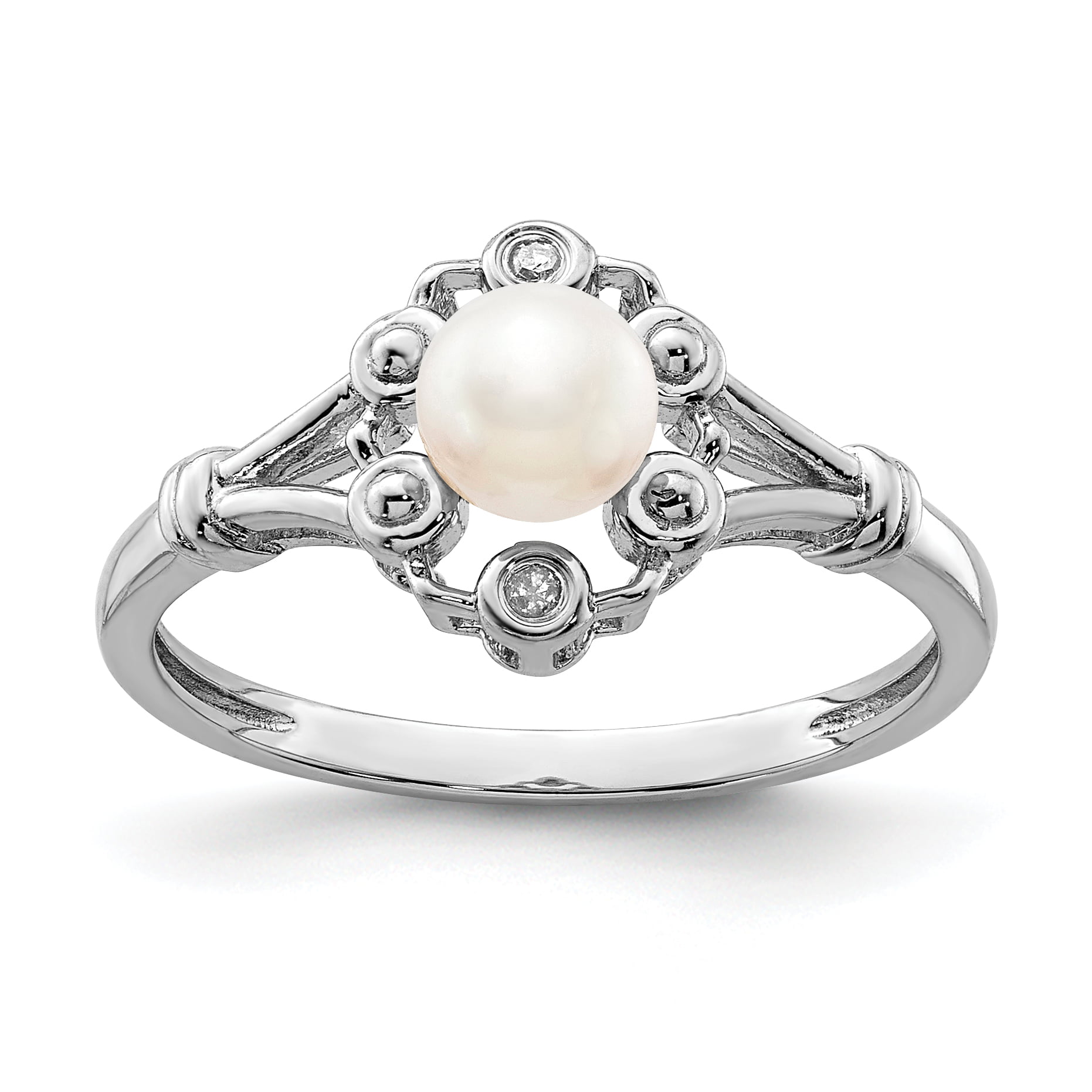 IceCarats® Designer Jewelry Sterling Silver Rhodium 6Mm Freshwater Cultured Button Pearl And Diamond Ring 