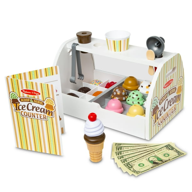 Melissa & Doug Wooden Scoop and Serve Ice Cream Counter (28 Piece) – Play Food and Accessories