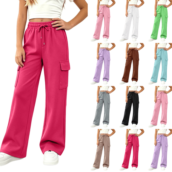Fleece Sweatpants Girls Preppy Kids Cargo Pants Wide Leg Baggy Sweat Pants Teen Joggers Casual Trousers with Pockets Hot Pink 9-10Y(150)