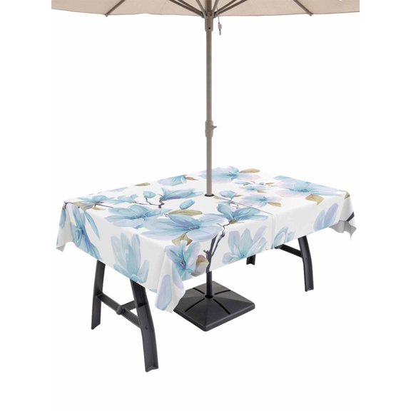 Outdoor Tablecloth with Umbrella Hole for Patio/Picnic/Party/Camping, Blue Flowers Waterproof Table Cloth Rectangle Table Cover Washable, Spring Watercolor Botanical Floral Leaf Plant (60"x 120")
