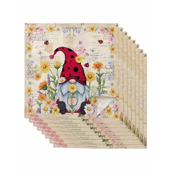 Farmhouse Gnomes Cloth Napkins Set of 8 Reusable Dinner Napkins, Vintage Pastoral Daisy Floral Country Cocktail Napkin Washable Table Napkins for Wedding/Holiday Party/Baby Shower 20"x20"