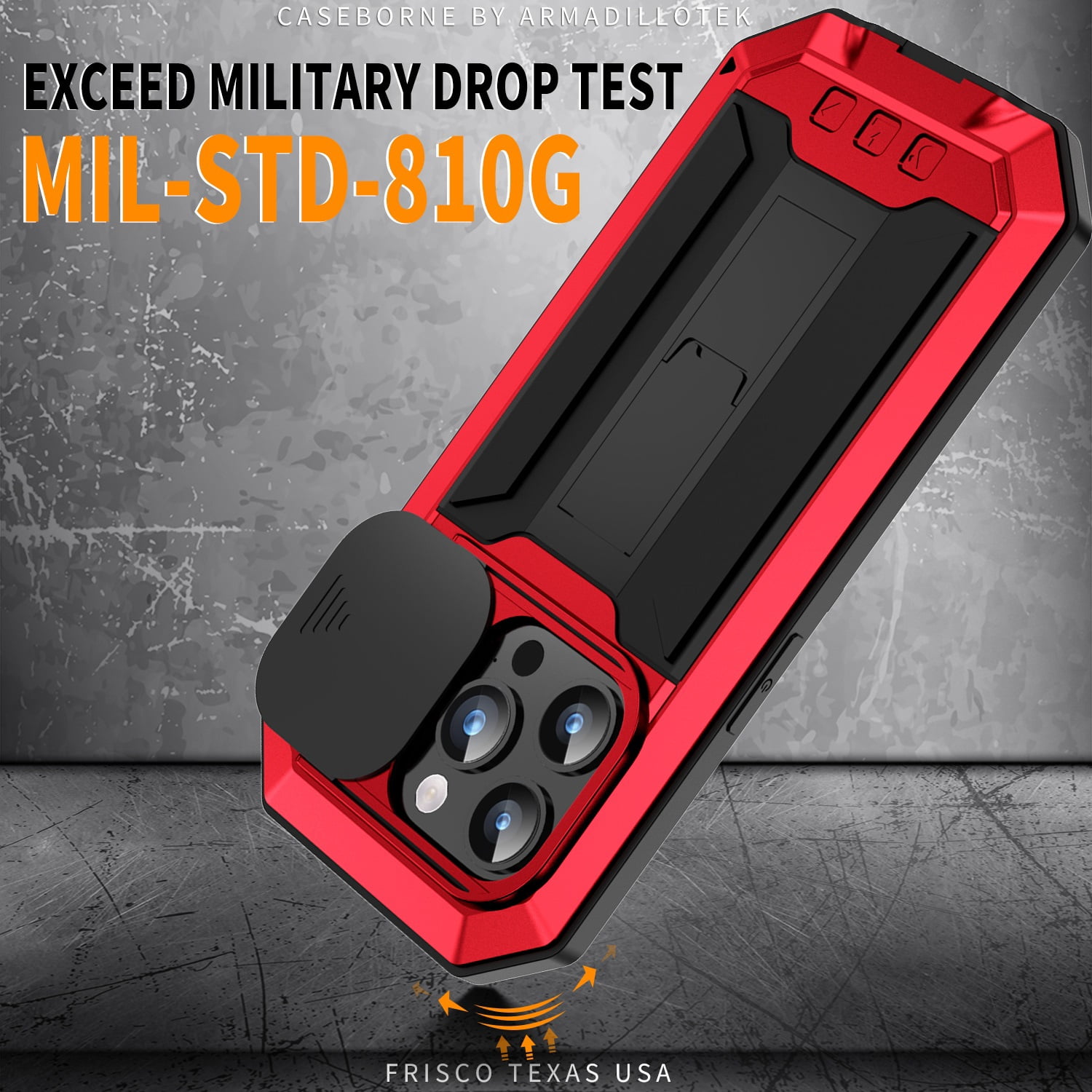Heavy Duty Rugged Case for iPhone 15 Pro Max with Camera Lens Sliding Kickstand, Triple-Layer Military Grade Metal Frame Shockproof Cover with Screen Protector Dustproof Protective Case,Red