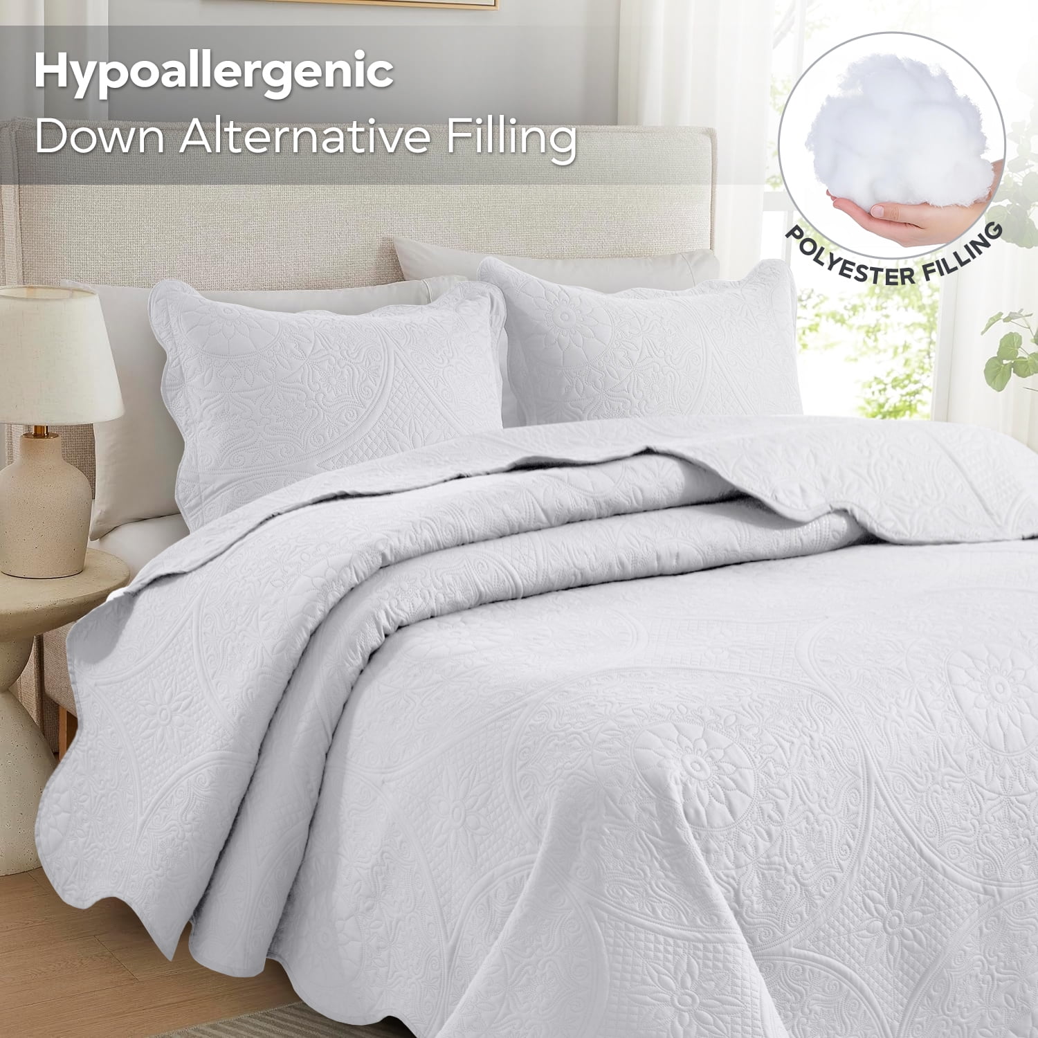 Ameha 3 Piece Reversible Quilt Set Ultra Soft Floral Coverlet Microfiber Bedding Set Queen White All Season