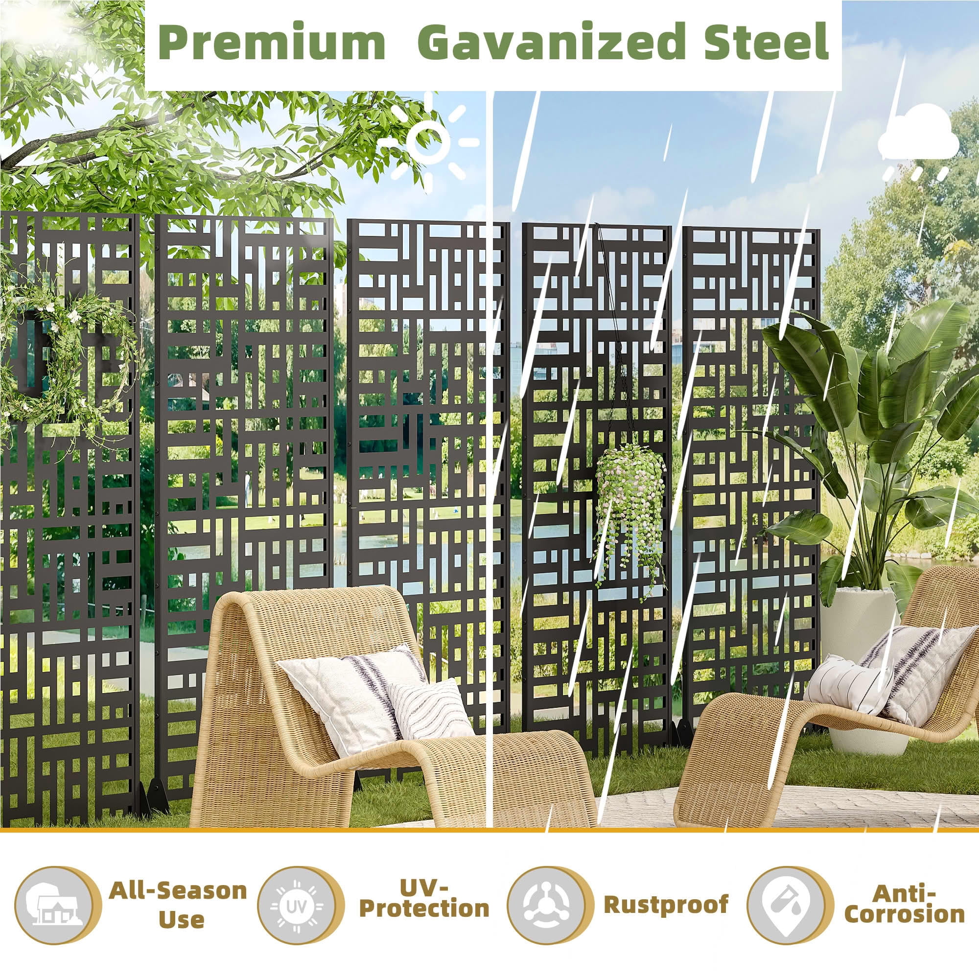 MAYEERTY 72"x35" Decorative Privacy Screen, 6-Panel Black Street Cutout Galvanized Steel Fence, Weather Resistant for Deck Balcony