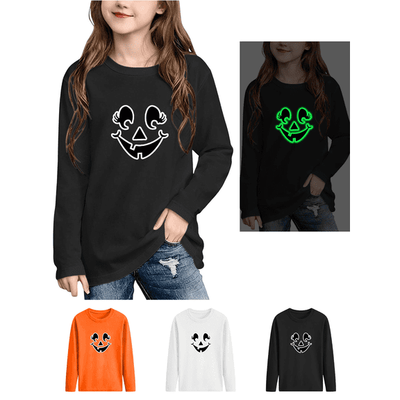 Glow in the Dark Pumpkin Face Sweatshirt for Girls Halloween Graphic Crewneck Long Sleeve Pullover Shirt for Kids Trick or Treat Party School and Casual Fall Wear