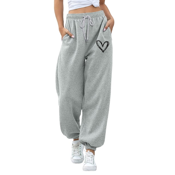 Gibobby pantalones de mujer Pantalones casuales estampados para mujer, deportivos, cintura cerrada, con cordones, cintura elástica, pantalones de pie pequeño, pantalones de chándal (Gris, M)