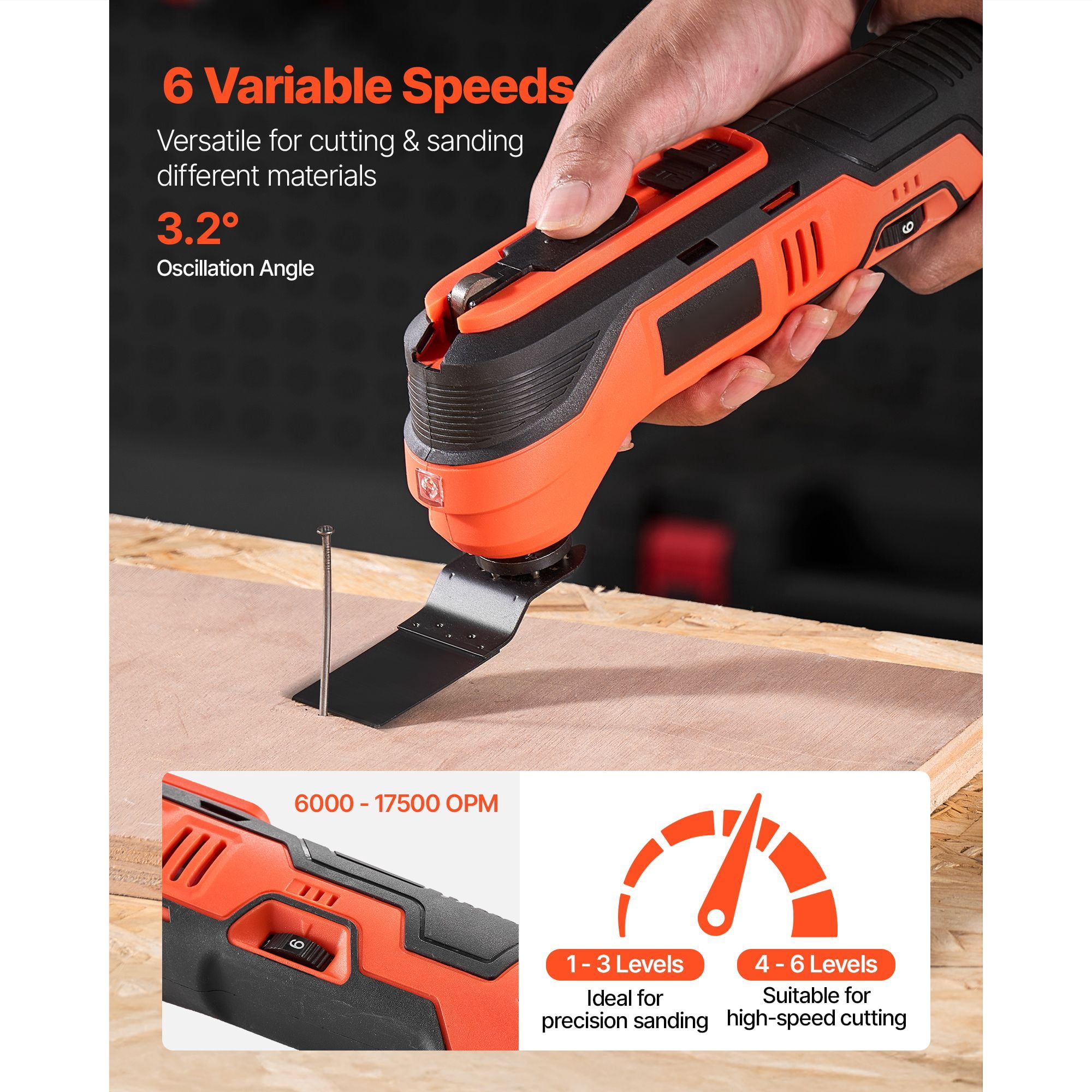 Cordless Oscillating Tool Kit 12V, 6 Speeds 6000-17500 OPM, 3.2° Oscillation Angle, 2.0Ah Battery, Quick Blade Change, LED Light for Woodworking DIY