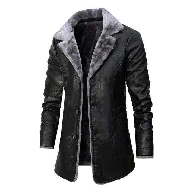 chaquetas de salida de cuero falso para hombres sólidos casuales en espesor en espesamiento de cuero artificial gaza de chaqueta delgada chaqueta negra de largo medio en vista 3/4, silueta slim con solapa turn-down y cierre de dos botones; exterior de PU liso con costura estructurada, forro interior y cuello de pelo gris, puños forrados, bolsillos laterales y bolsillo interior de seguridad visible; manga larga, ajuste a la talla, para otoño/invierno y uso casual diario; adecuada también como capa ligera para viajes.