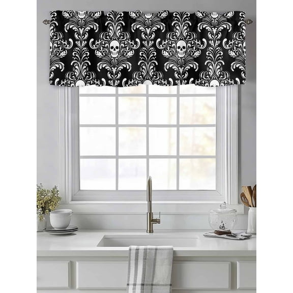 Halloween Scary Skull Skeleton Damask Flower Valances for Windows,Kitchen Valance Rod Pocket Short Curtain,Black White Brocade Valance Curtain Window Valances for Bedroom Living Room 54"x18"