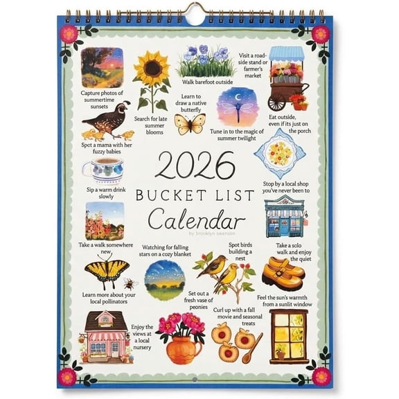 DJKDJL 2026 Bucket List Calendar - Celebration of Life’s Seasons & Inspirational 12-Month Wall Planner, Hand-Drawn Illustrated Monthly Goals for Mindful Living, Thick Paper Spiral Hanging Decor Gift
