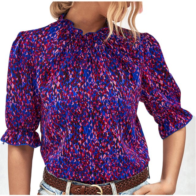 Pompotops Femmes Mode Casual Chemise d'Impression Manches Courtes Tops Col Rond Tops Chemisier Dégagement