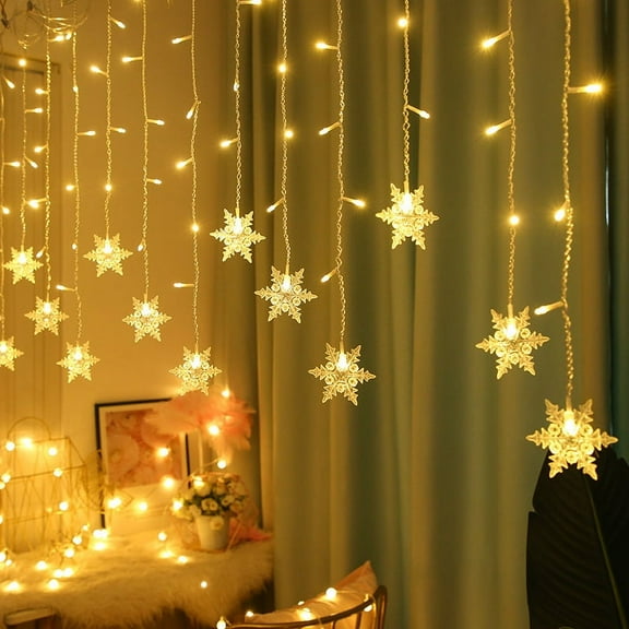 DONGPAI LED Snowflake Window Curtain String Lights, 96 LED Memory 8 Modes Flashing Window Hanging Lights, Waterproof Xmas Fairy Light Outdoor Party Home Decor
