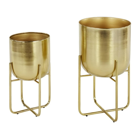DecMode 16", 13"H Brushed Dome Gold Metal Planter with Curved X-Shaped Stands (2 Count)