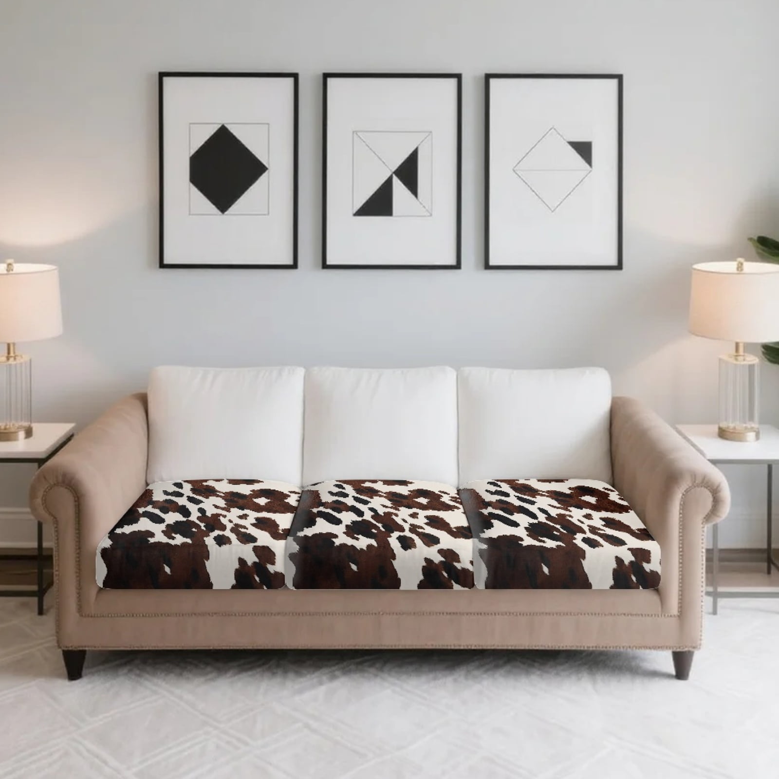 COEQINE Sofa Cushion Cover with Elastic Bottom, Soft Sectional Couch Cushion Slipcover Washable Individual Seat Slipcover Non-Slip Dog Couch Cover, 3 Pieces, Black Brown Cow Print