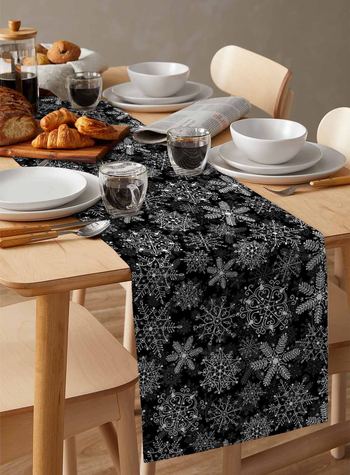 Black Snowflake Christmas Burlap-Cotton Table Runner 36 Inches Long,Xmas Snowflake Vintage Farmhouse Table Runners,Outdoor Dining Tablecloths Decor for Baby Shower Party Wedding 13x36