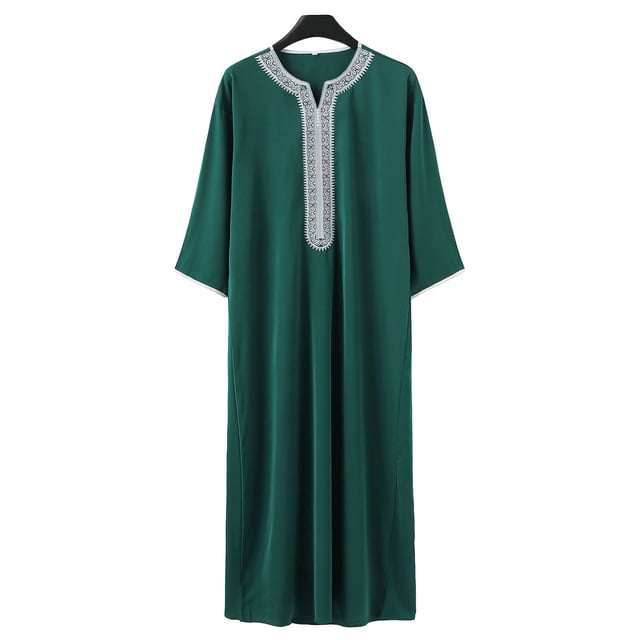 Aqestyerly Men's Embroidered V-Neck Robe - Traditional Muslim Design,Casual Long Sleeve Embroidery V-Neck Robe for Men