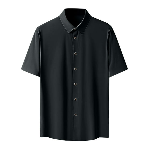 ZQUUVOU Men's Ice Silk Short Sleeved Shirt Solid Color Turndown Collar Button Down Formal Dress Tops Black
