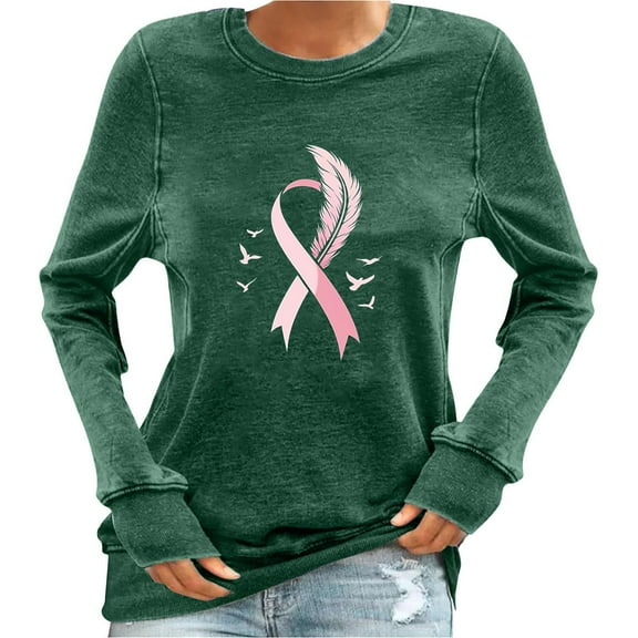 Generic Women's Breast Cancer Long Sleeve T-Shirts, Funny Pink Ribbon Graphic Awareness Crewneck Tops Going Out Casual Tees