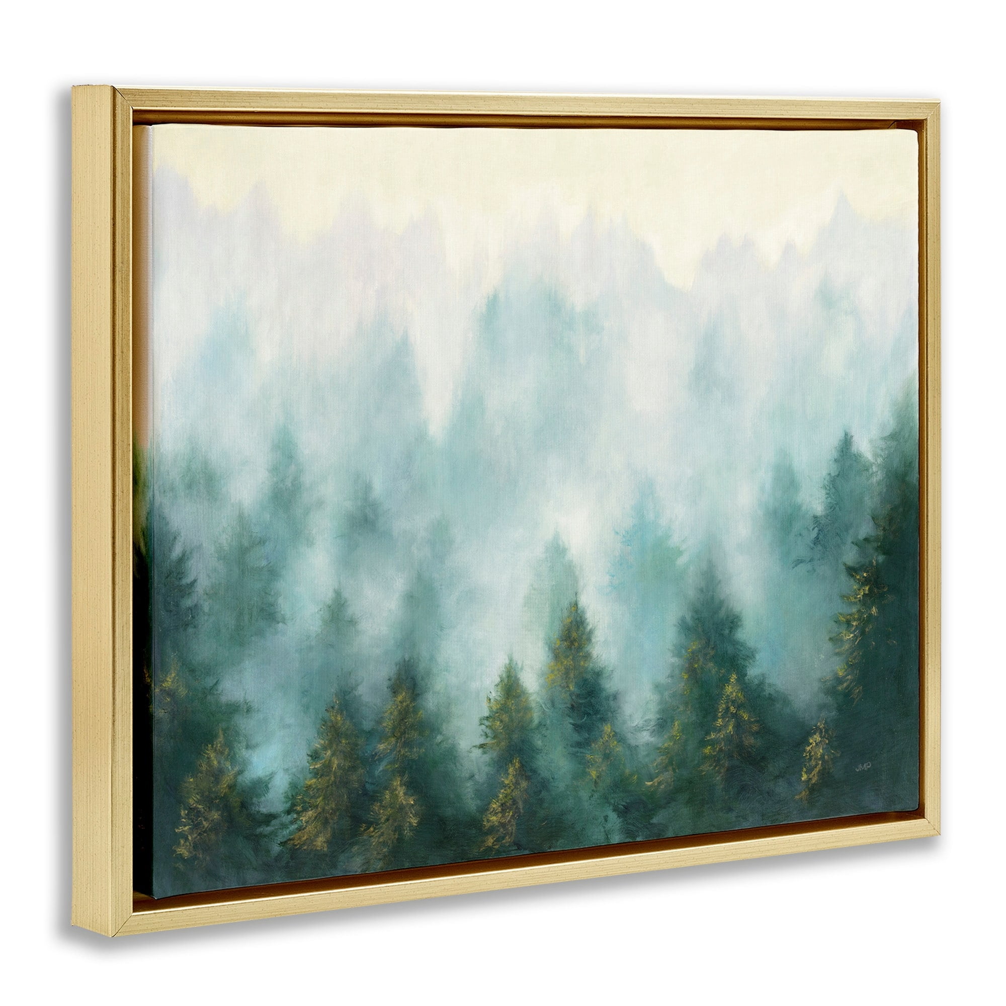 Stupell Industries Abstract Pine Forest Landscape with Mist Green Painting Metallic Gold Framed Floating Canvas Wall Art, 24x30, by Julia Purinton