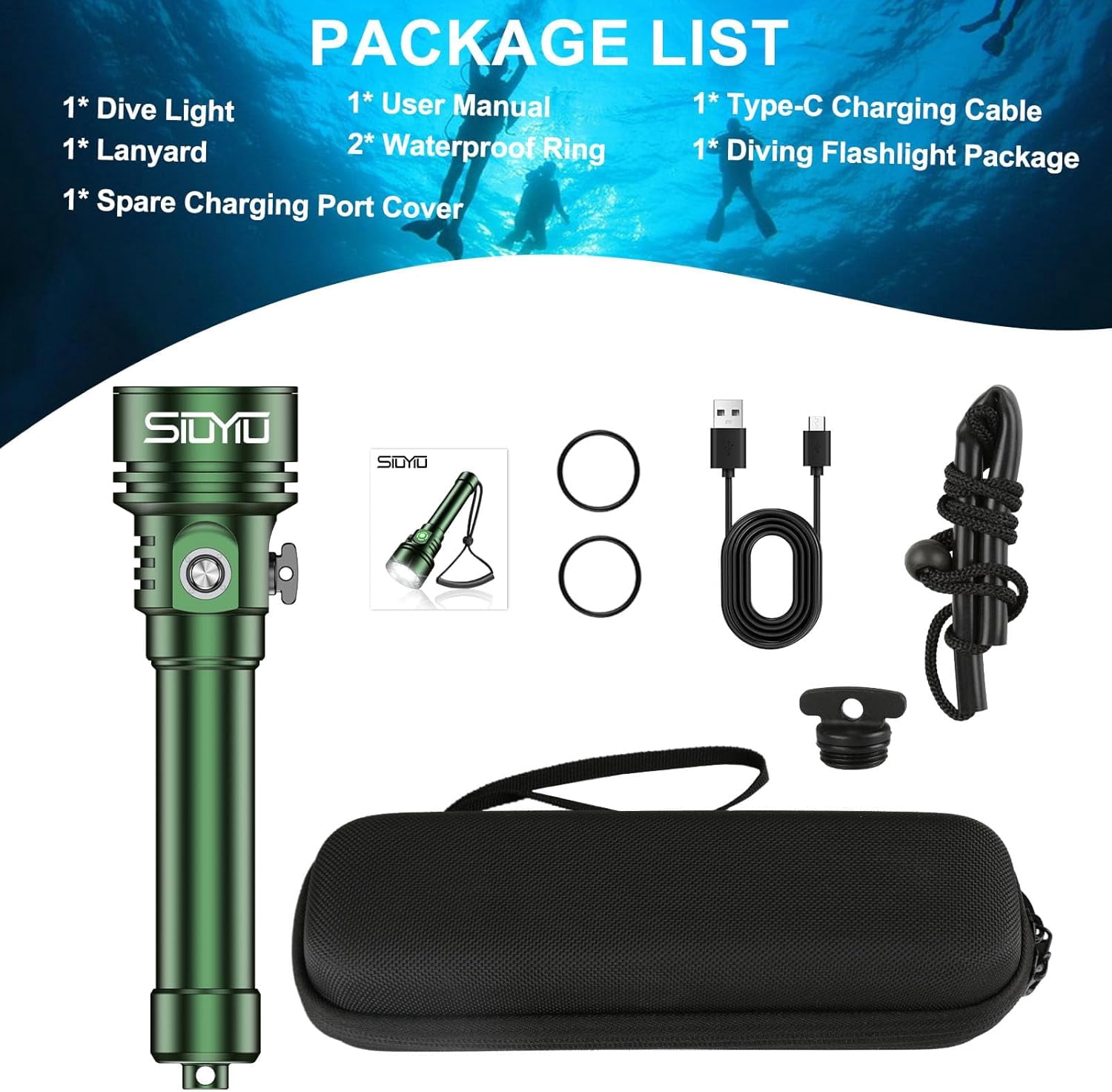 Siuyiu 3000 Lumen Rechargeable Waterproof LED Scuba Diving Flashlight, 1 Pack