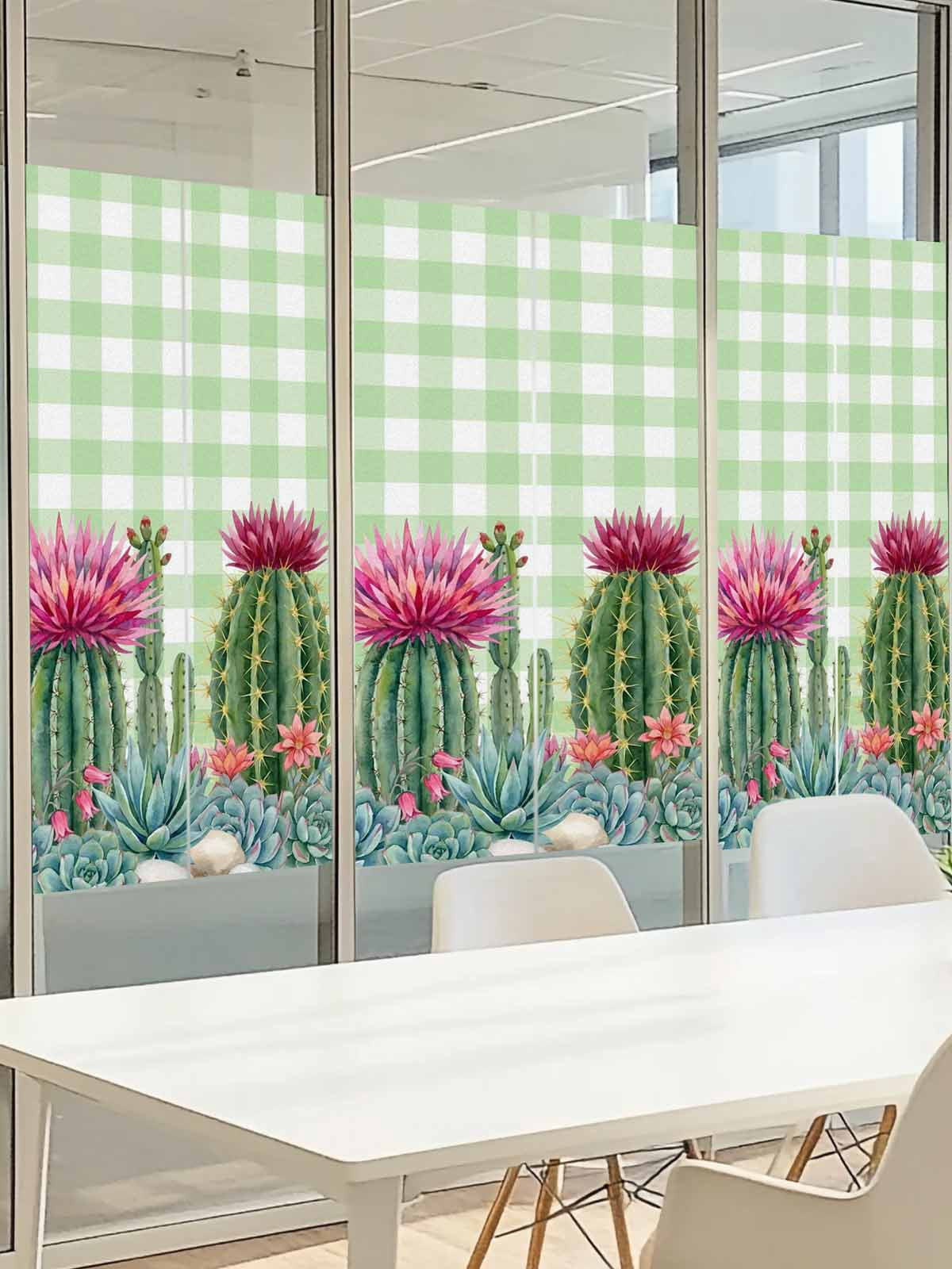 Summer Botanical Window Privacy Film, Tropical Saguaro Opuntia Cactus Green Stripes Frosted Glass Window Clings Static Cling UV Heat Blocking Reusable Door Sticker for Bathroom 23.6 x 59 Inch