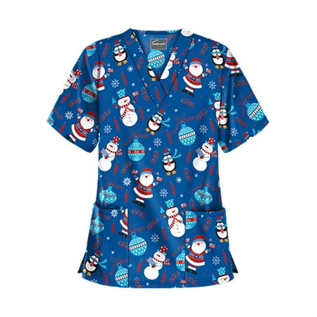

Raruxxin Women Scrub Tops Healthcare Nursing Tunic Uniform Christmas Printed Short Sleeve V-Neck Nurses Work Tops Uniform Blouses with Pockets