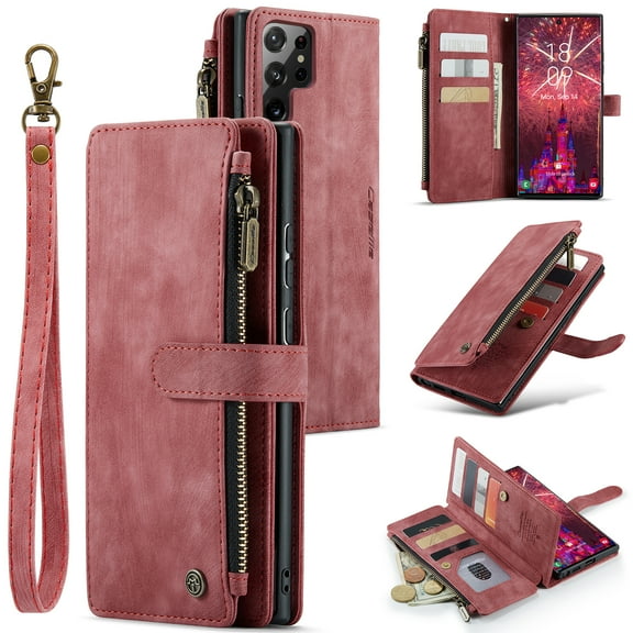 Wallet Case Compatible with Samsung Galaxy S24 Ultra, Multifunctional Magnetic Closure Folio Case, [RFID Blocking] Durable PU Leather Flip Lanyard Strap Wristlet Zipper Card Holder Phone Case, Red