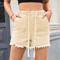 thumbnail image 3 of Bloomae Denim Shorts for Women Casual Drawstring Stretchy Elastic High Waist Comfy Short Jeans Lightweight Frayed Hem Summer Hot Pants with Pockets Khaki S, 3 of 6