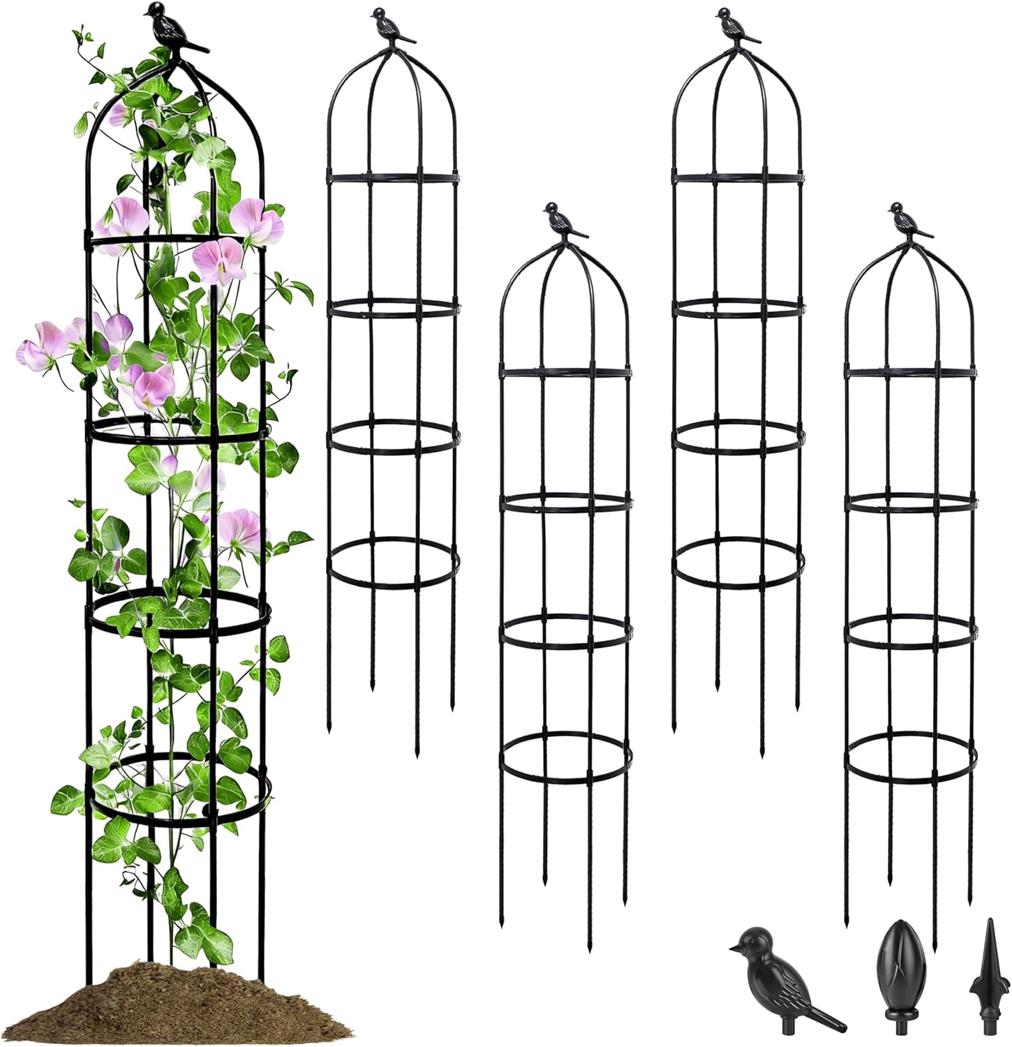 Garden Obelisk Trellis 6FT Adjustable Metal Climbing Plant Support with Decorative Tops Rustproof Outdoor Frame for Roses Tomatoes Vines