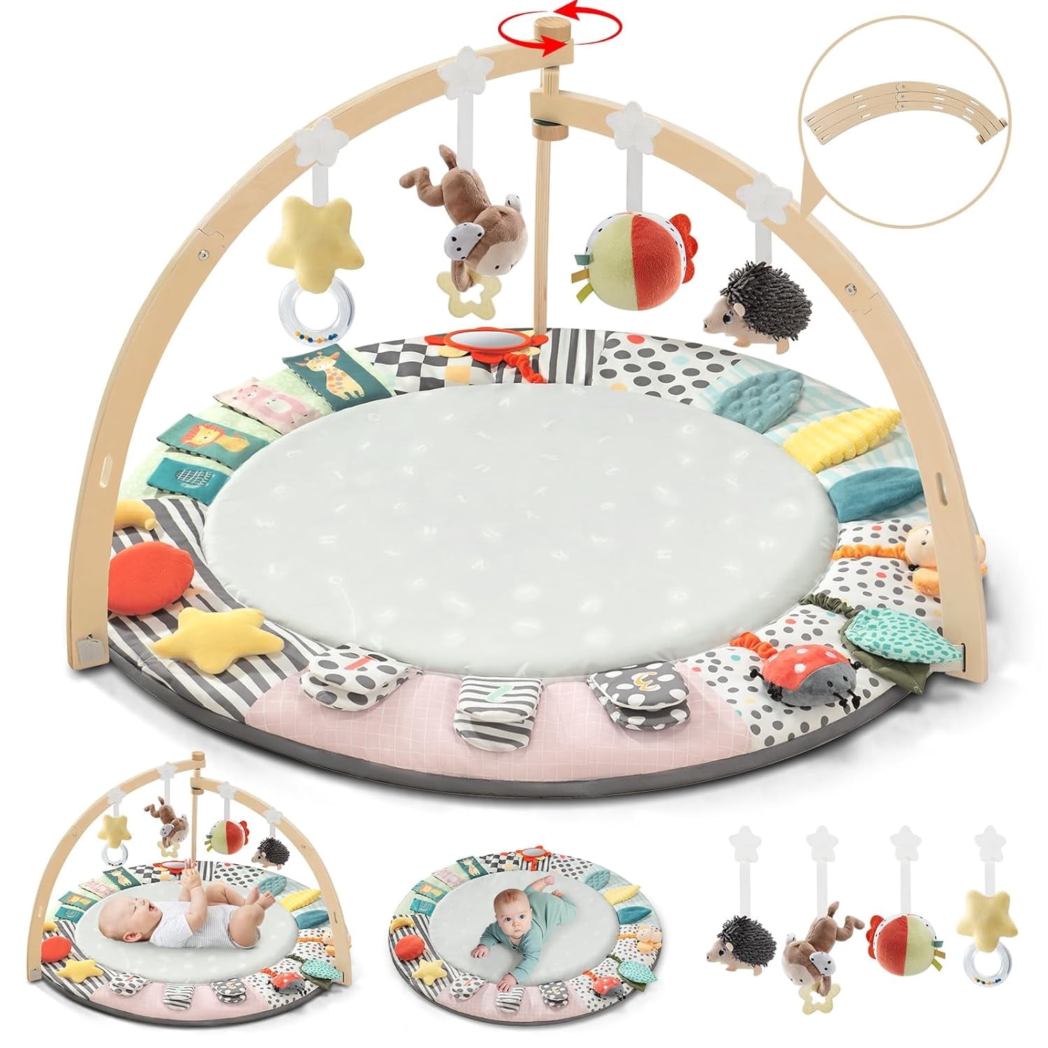 PRVAETU Wooden Baby Gym Play Mat, Foldable Tummy Time Playmat W/ 7 Detachable Toys for Infant Newborn Toddler Motor Skills Sensory Development,Grey
