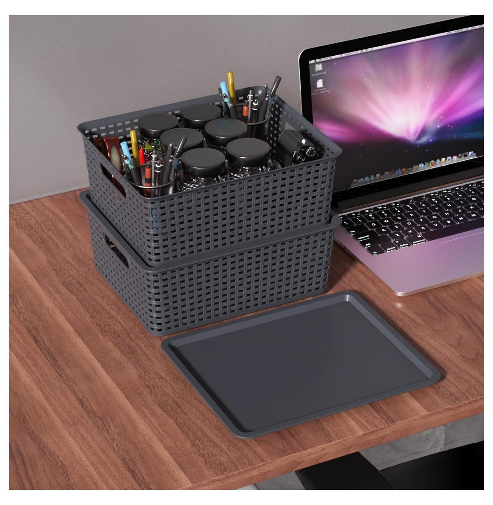Plastic Woven Baskets 6 Pack, Stackable Storage Bins with Lids, Dark Grey - 14x12x5.3 Inch Organizer for Shelves, Closet, Home, Kitchen, Bathroom