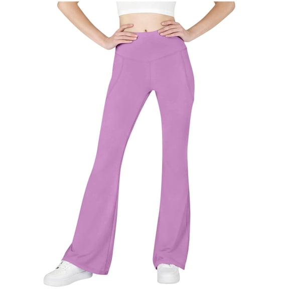 Eltusu Flare Leggings for Girls, Solid Color Casual Stretch Elastic Waist Tight Pants Purple Size 6-15 T