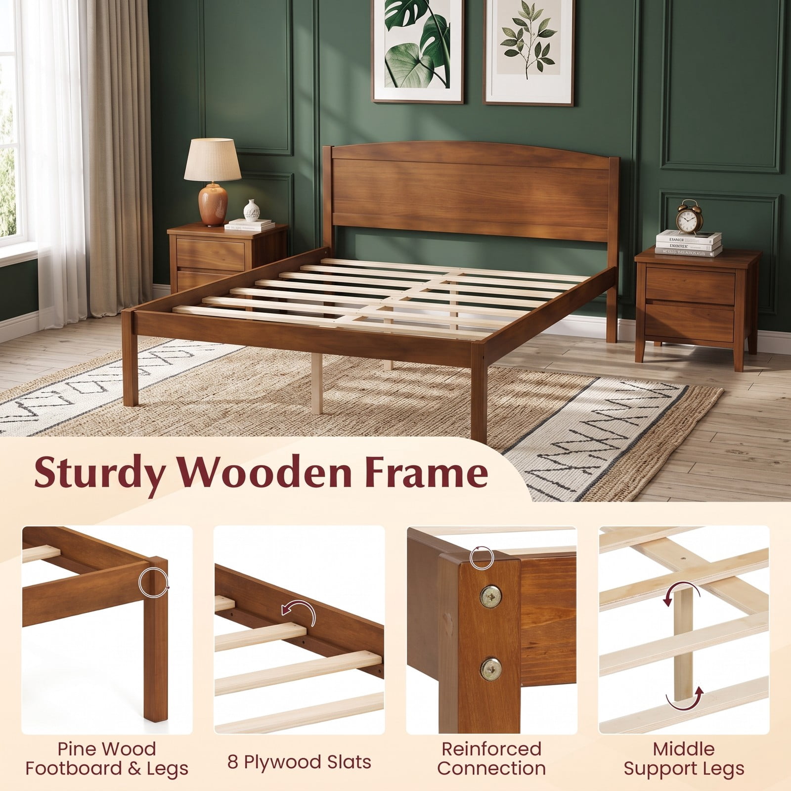 Furnibear Full Size Bed Frame with Curved Arched Headboard, Wood Platform Bed Frame with 8 Slats for Bedroom and Guest Room, Walnut