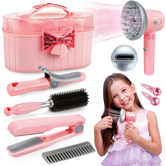 Toy Choi's Children's Pretend Play Hair Styling Salon Set with Hair Dryer, 10pcs Pink Princess Hairdressing Kit | Detachable Styling Tools