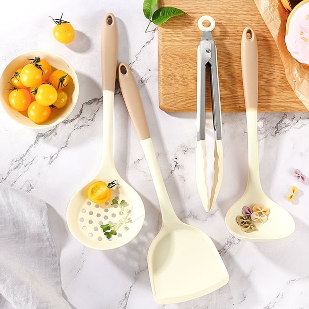 Juego de utensilios de cocina de silicona | Soporte para alimentos con cucharón de espátula de 4 piezas | Antiadherente resistente al calor | Empuñadura ergonómica | Fácil de limpiar | Beige |