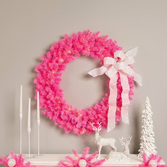 Northlight Pre-Lit Artificial Pine Christmas Wreath - 36" - Pink - Clear Lights