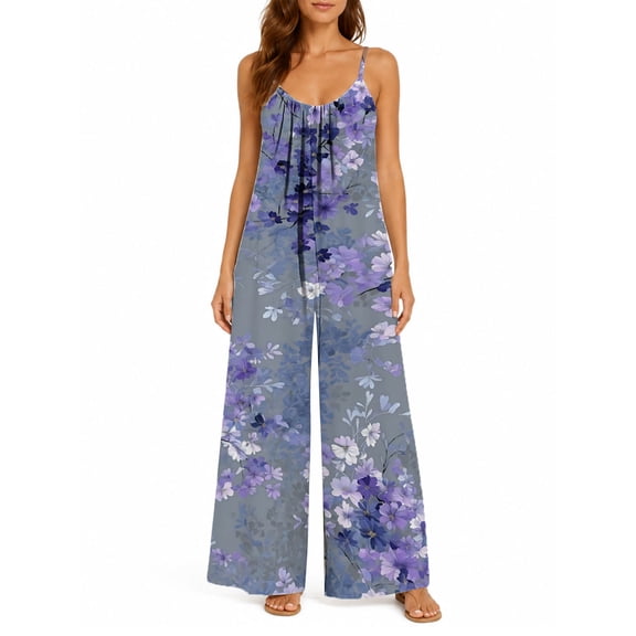 Women'S Summer Spaghetti Strap Jumpsuits Gray Purple Floral Loose Baggy Fit Wide Leg Rompers Casual Wear