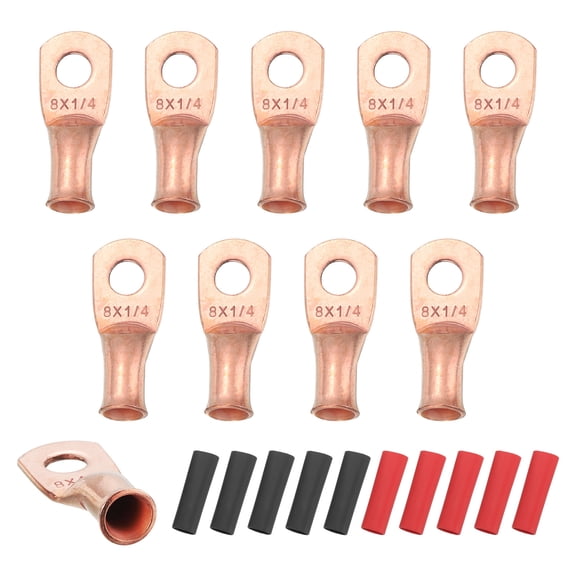 10 Pcs 1/4" Stud 8AWG Battery Cable End with 10pcs 2:1 Heat Shrink, Gold