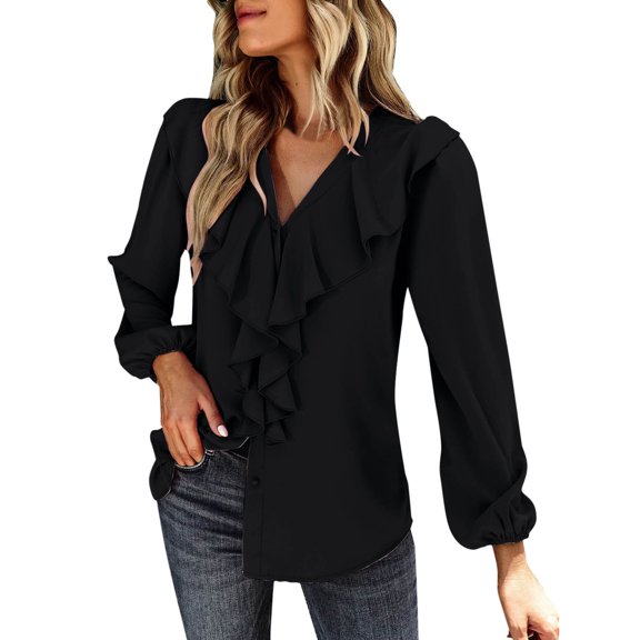 Summer Blouses for Women Fashion Casual Solid Color V Neck Button Long Sleeve Lace Shirt Blouse Shirts Tops