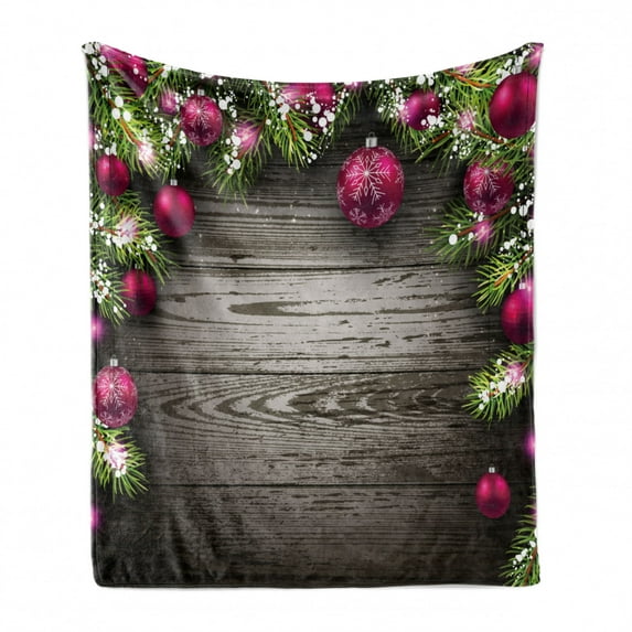 Christmas Soft Flannel Fleece Throw Blanket, Old Fashioned Concept with Twigs and Balls on Rustic Wood Vintage Design Print, Cozy Plush for Indoor and Outdoor Use, 50" x 70", Brown Pink, by Ambesonne