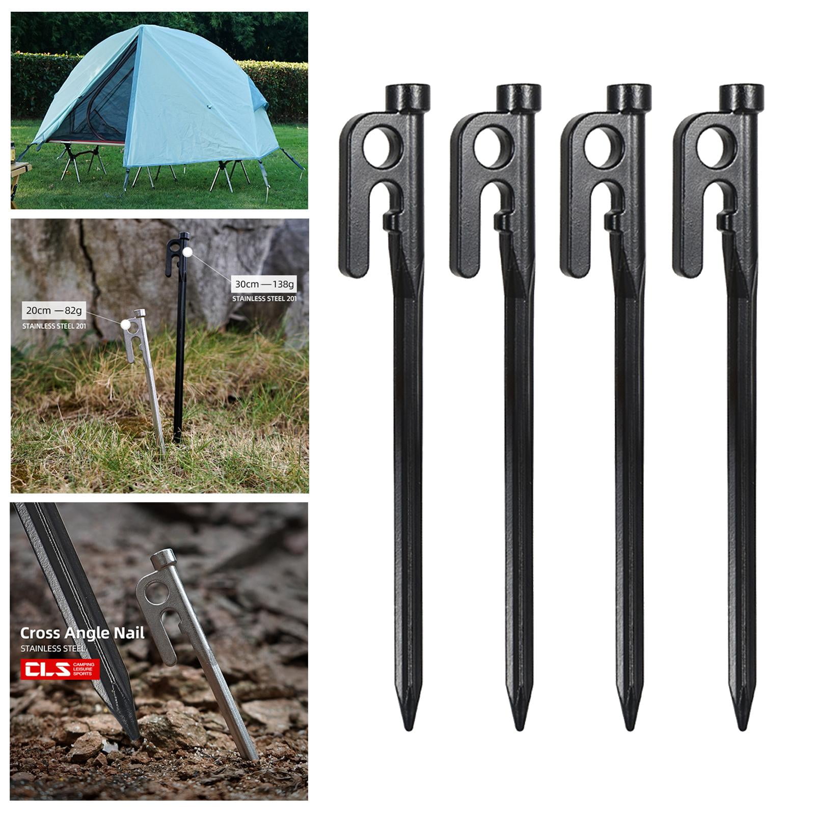 Stainless Steel Tent Stakes 4 Pack -Heavy Duty Beach Tent Pegs Canopy Stakes - Essential Gear for Camping, Backpacking, Gardening - 20cm black